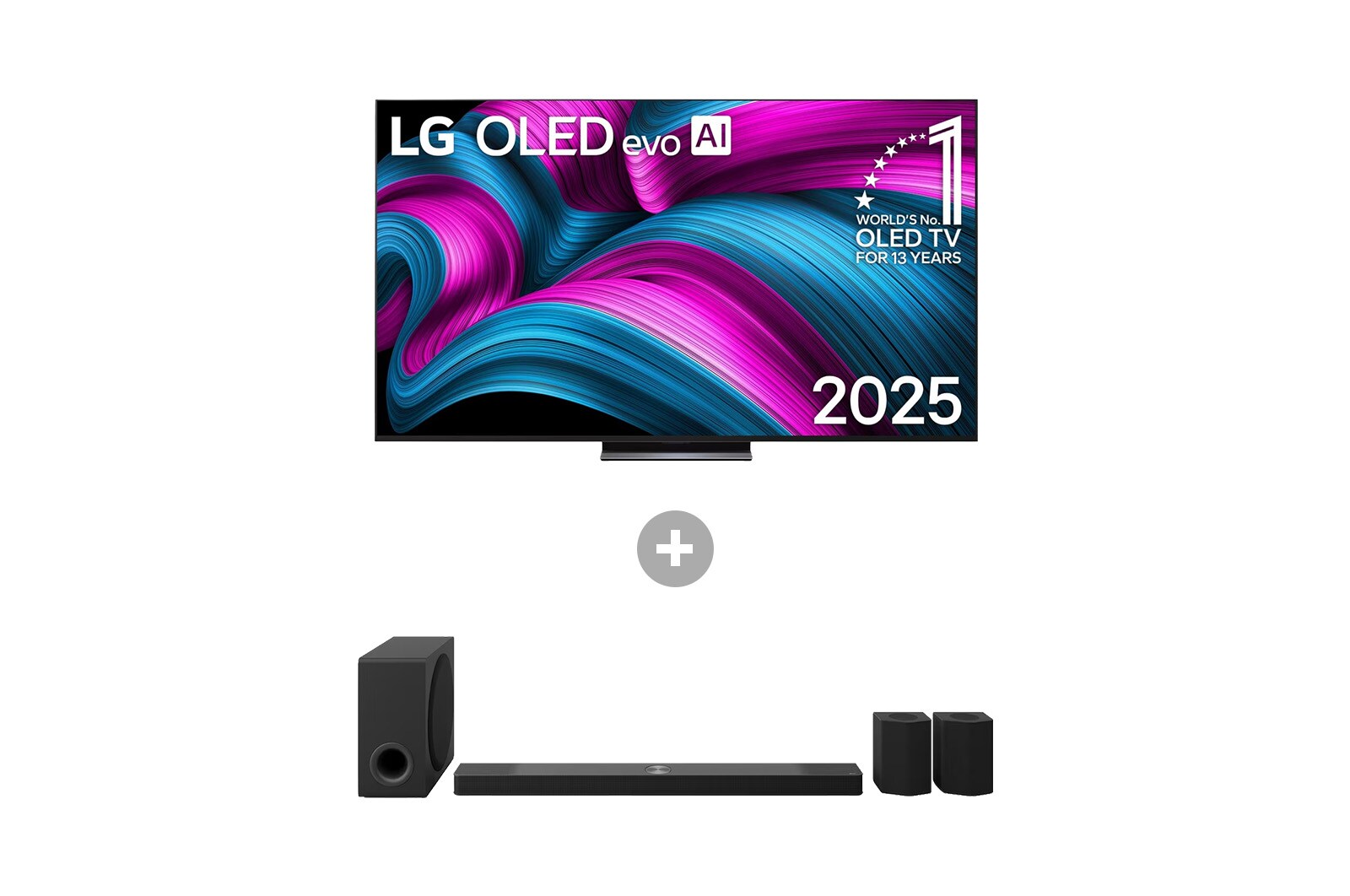 Vorderseite von 83 Zoll LG OLED evo AI C5E 4K Smart TV + 9.1.5-Kanal LG Home Theater Soundbar DS9ATR mit Surround-Sound und Rücklautsprechern OLED83C5ELA.DS95001