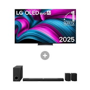 Vorderseite von 83 Zoll LG OLED evo AI C5E 4K Smart TV + 9.1.5-Kanal LG Home Theater Soundbar DS9ATR mit Surround-Sound und Rücklautsprechern OLED83C5ELA.DS95001