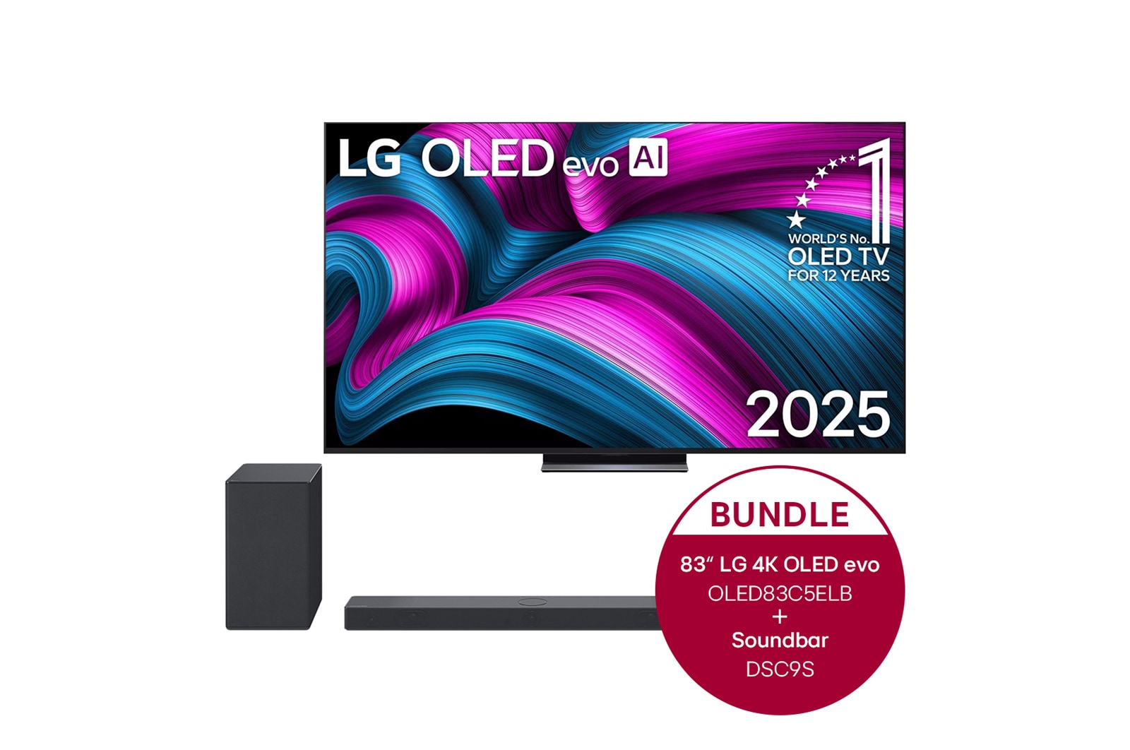 Vorderseite von 83 Zoll LG OLED evo AI C5E 4K Smart TV + 3.1.3 Dolby Atmos® Soundbar mit 400 Watt | kabelloser Subwoofer OLED83C5ELA.DSC9S