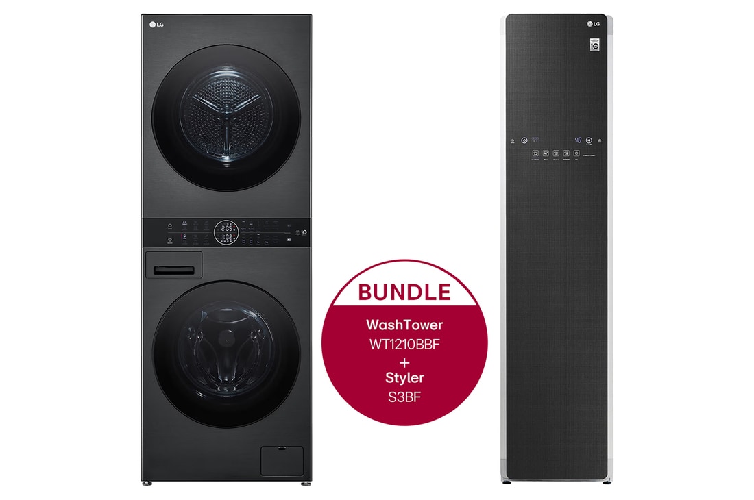 LG WashTower Schwarz (Waschmaschine: EEK A, 12kg, 1350 U./Min.; Trockner: EEK C, 10kg) I WT1210BBF + LG Styler Dampfschrank, WT1210BBF.S3BF