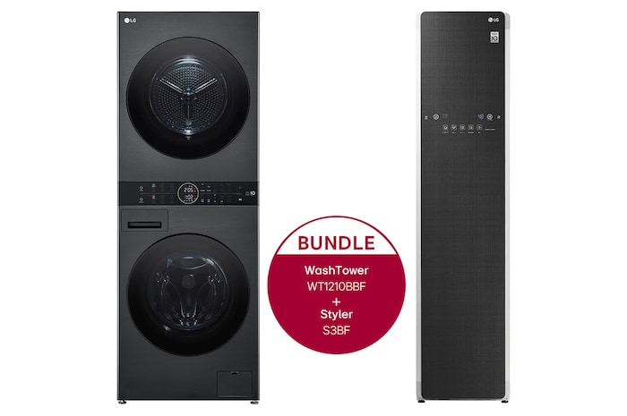 LG WashTower Schwarz (Waschmaschine: EEK A, 12kg, 1350 U./Min.; Trockner: EEK C, 10kg) I WT1210BBF + LG Styler Dampfschrank, WT1210BBF.S3BF