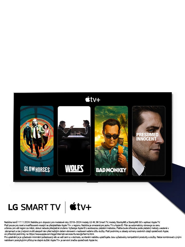 Obrázek televizoru LG OLED. Na obrazovce je obsah Apple TV+ a titulek „Získejte tři měsíce Apple TV+ zdarma s LG Smart TV“.	