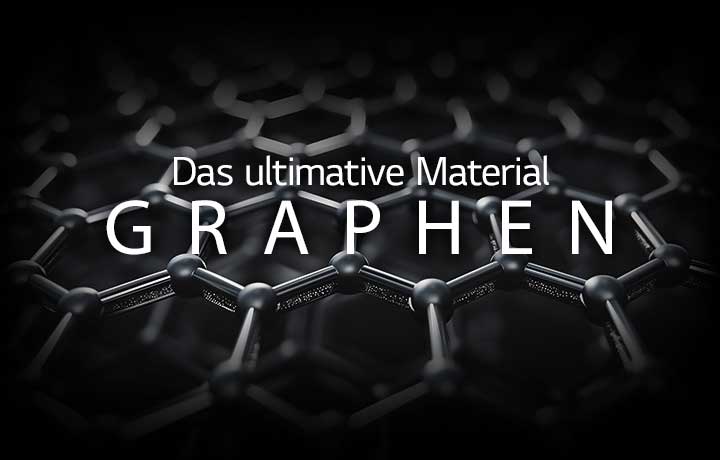 Ein Bild, das ein Sechseckmuster zeigt. Vor dem Bild steht der Satz: „Das ultimative Material GRAPHEN“.