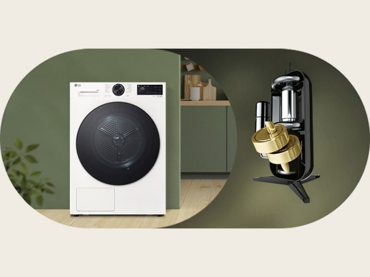 Abbildung eines LG Trockners in einem grün gestalteten Interieur mit der AI DUAL Inverter-Komponente als optisches Highlight