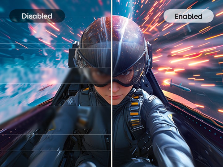 Das Bild zeigt einen Split-Screen-Vergleich von Gaming-Bildern, wobei die Synchronisationstechnologie links deaktiviert und rechts aktiviert ist. Auf der linken Seite wird die Sicht des Piloten von einem futuristischen Jet durch Tearing und Stottern verzerrt, während auf der rechten Seite die gleiche Szene glatt und fließend mit hellen Bewegungsspuren erscheint. Der Header lautet „Zertifiziert mit einer weit verbreiteten Technologie“ und hebt die Zertifizierung für AMD FreeSync™ Premium und NVIDIA® G-SYNC® Compatible hervor.