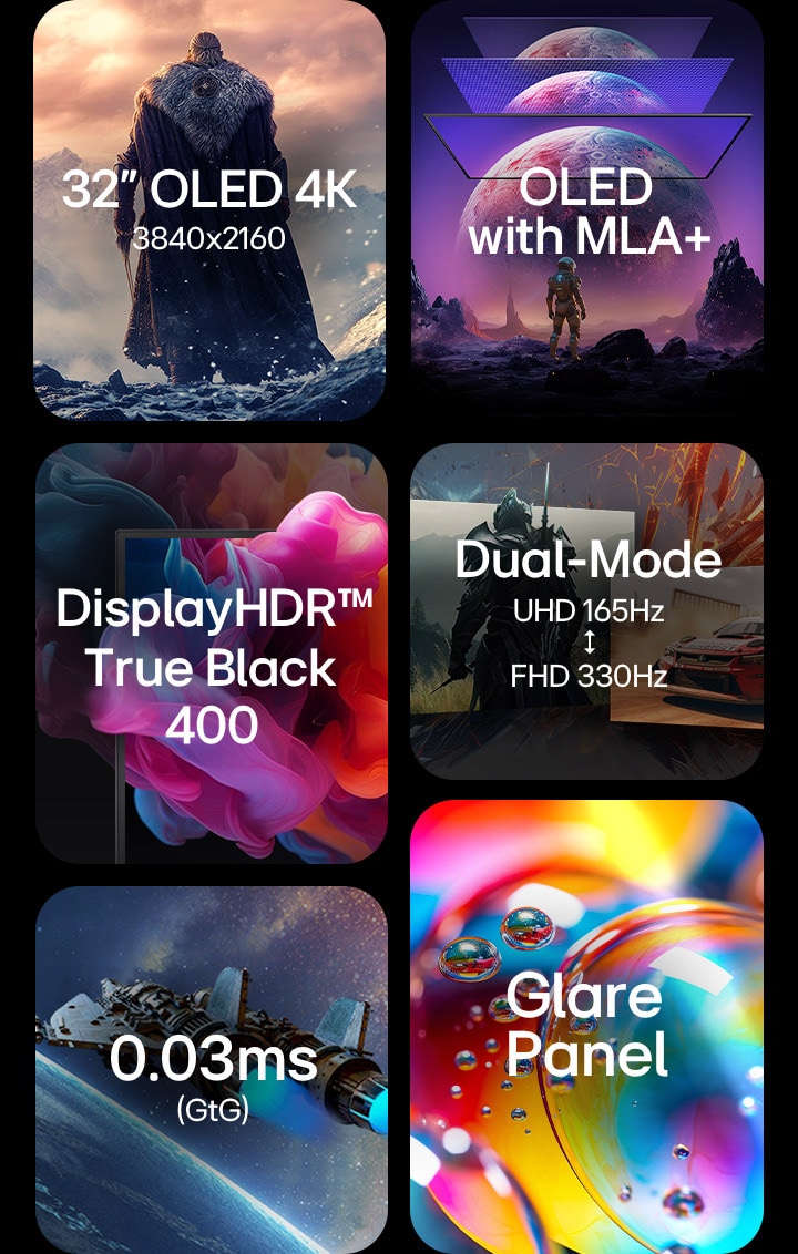 Funktionsübersicht eines Gaming-Monitors mit folgenden Highlights: 32" OLED 4K, OLED mit MLA+, VESA DisplayHDR True Black 400, Dual-Mode, 003ms GtG, Glare-Display.