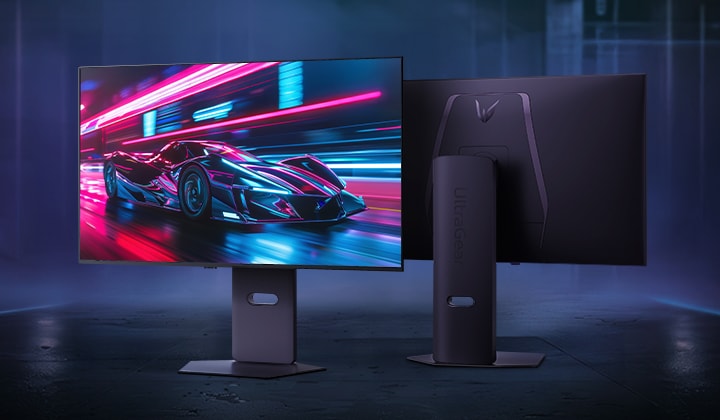 Vorder- und Rückansicht des UltraGear™ 32GX850A Gaming-Monitors mit einer futuristischen Rennszene auf dem Bildschirm.