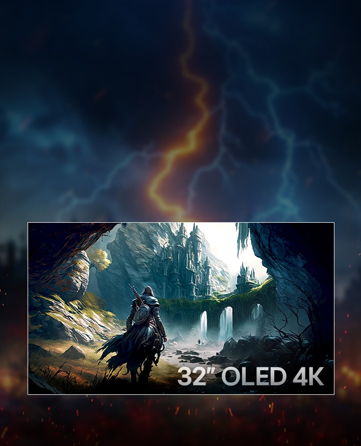 Ein 32-Zoll-4K-OLED-Gaming-Monitor mit Fantasy-Thema wird mit einem Krieger vor einer mystischen Schlosslandschaft gezeigt. Der obere Text lautet „4K Klarheit, die dir mit OLED die Kontrolle gibt“ und stellt die Vorteile visueller Klarheit und Details vor. Die unterstützende Kopie unterstreicht die 3840×2160-Auflösung und die immersive Bildqualität, die durch die OLED-Technologie ermöglicht wird.