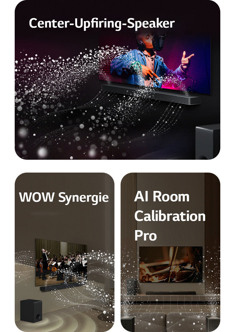 LG TV und LG Soundbar in einem schwarzen Raum bei der Wiedergabe einer Musikaufführung. Von der Soundbar kommen weiße Tröpfchen, die Schallwellen darstellen, nach oben und nach vorne, während der Subwoofer von unten einen Klangeffekt erzeugt. LG TV und LG Soundbar in einem Wohnzimmer bei der Wiedergabe einer Orchesteraufführung. Von der Soundbar gehen weiße Tröpfchen, die Schallwellen darstellen, nach oben und nach vorne und projizieren vom Fernseher, während der Subwoofer von unten einen Klangeffekt erzeugt. LG TV, LG Soundbar, hintere Lautsprecher und ein Subwoofer befinden sich in einem Wohnzimmer. Über dem Raum wird ein Raster eingeblendet, das wie ein Scan des Raums wirkt. Weiße Klangwellen aus Tröpfchen zeigen das harmonische Zusammenspiel der hinteren Lautsprecher und der Soundbar.