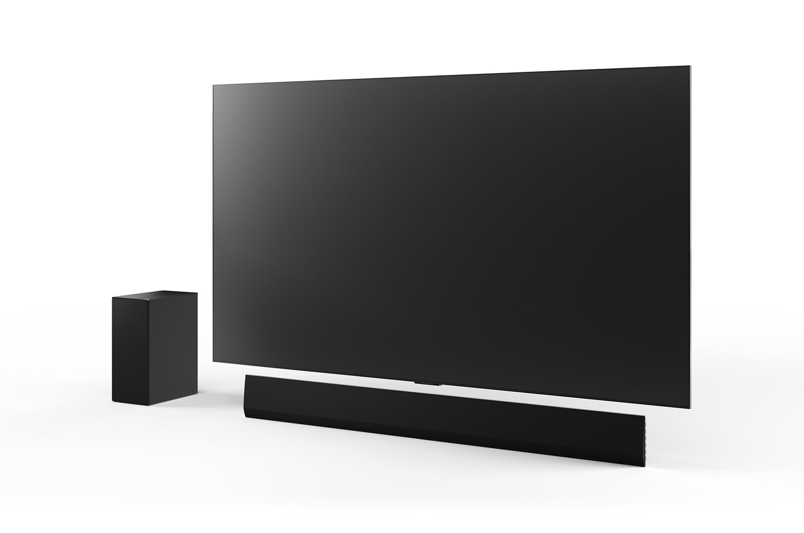 Schrägansicht des 77 Zoll LG OLED G4, der LG Soundbar SG10TY und des Subwoofers