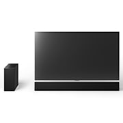 Frontansicht des 65 Zoll LG OLED G4, der LG Soundbar SG10TY und des Subwoofers