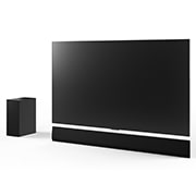 Schrägansicht des 65 Zoll LG OLED G4, der LG Soundbar SG10TY und des Subwoofers