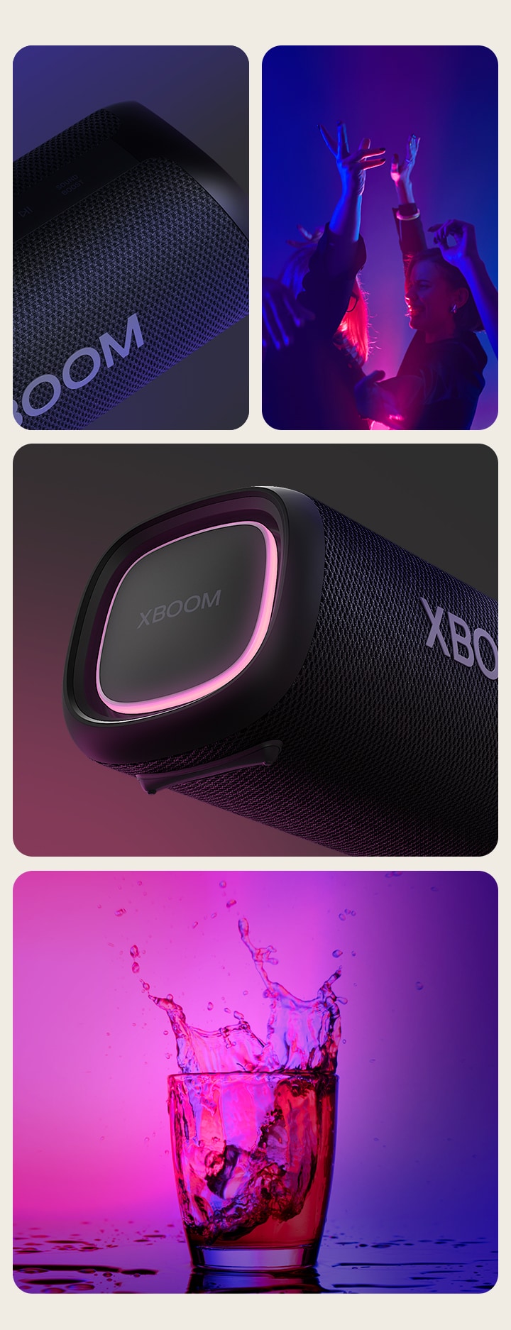 Wir sehen eine Collage. Links: Nahaufnahme des LG XBOOM Go XG5. Dann ein Bild von Menschen, die zu Musik tanzen. Rechts von oben nach unten: Nahaufnahme des Lautsprechers mit rosa Beleuchtung. Das nächste Bild zeigt zwei gefüllte Cocktailgläser.