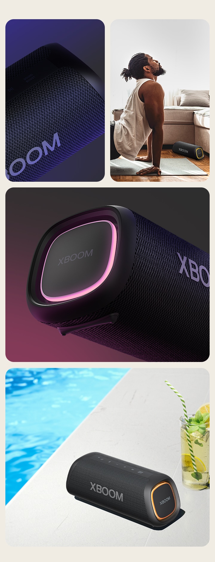 Wir sehen eine Collage. Links: Nahaufnahme des LG XBOOM Go XG5. Daneben: Bild eines Mannes, der Yoga macht. Neben der Matte steht der LG XBOOM Go XG5 auf dem Boden. Rechts von oben nach unten: Nahaufnahme des Lautsprechers mit rosa Beleuchtung. Der Lautsprecher mit orangefarbener Beleuchtung und eine Glas Limonade stehen neben einem Pool.