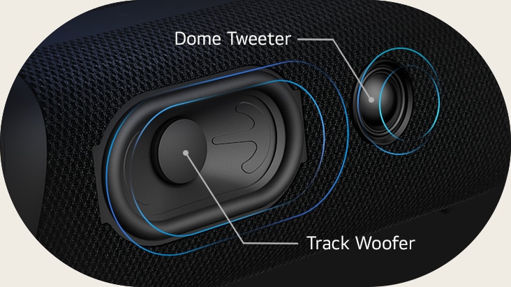 Diagonale Ansicht des LG XBOOM Go XG7. Der Track-Type-Woofer und der Dome-Tweeter sind hervorgehoben.