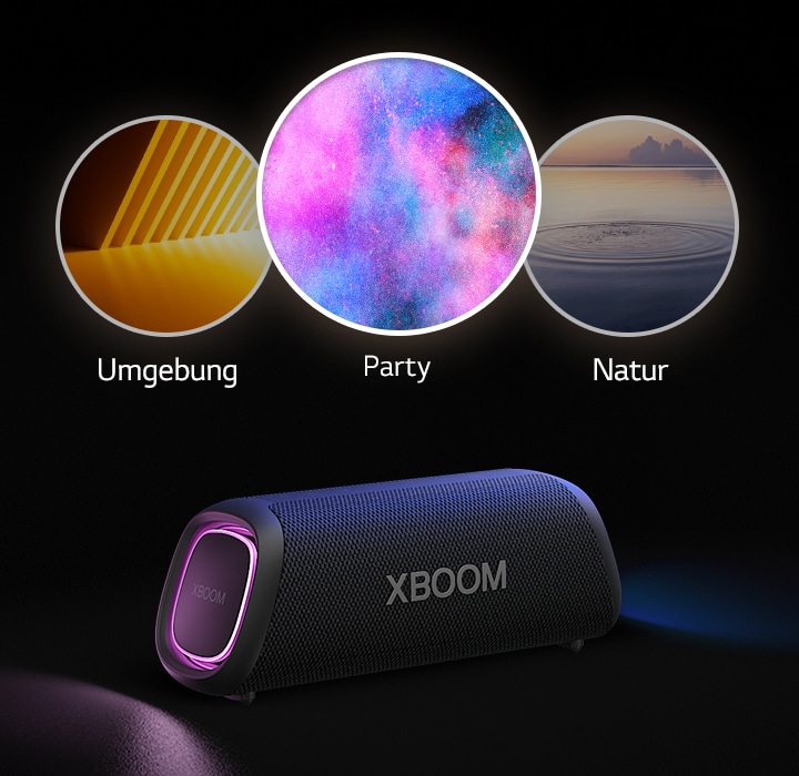 Zu sehen ist der LG XBOOM Go XG7 mit violetter Beleuchtung. Oberhalb des Geräts werden drei Light-Studio-Modi angezeigt: Umgebung, Natur und Party.
