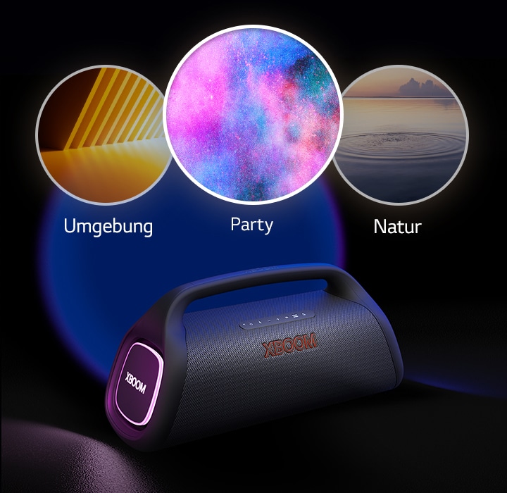 LG XBOOM Go DXG9 mit lila Beleuchtung wird auf den Boden gestellt. Auf der Oberseite des Lautsprechers werden drei Modi angezeigt: Rhythmus, Party, Feuerwerk, Raum.