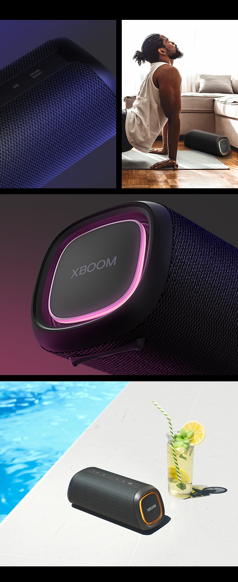 Wir sehen eine Collage. Links: Nahaufnahme des LG XBOOM Go XG7. Daneben: Bild eines Mannes, der Yoga macht. Neben der Matte steht der LG XBOOM Go XG7 auf dem Boden. Rechts von oben nach unten: Nahaufnahme des Lautsprechers mit rosa Beleuchtung. Der Lautsprecher mit orangefarbener Beleuchtung und eine Glas Limonade stehen neben einem Pool.