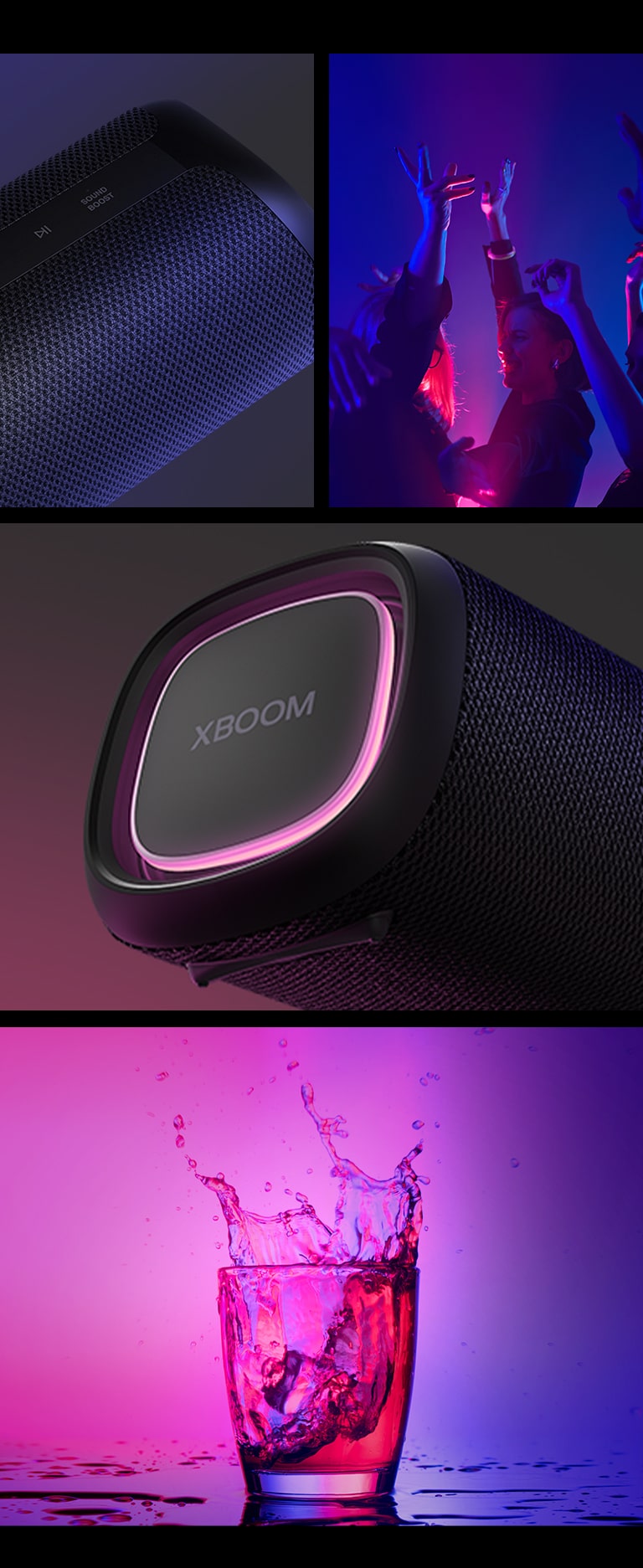 Wir sehen eine Collage. Links: Nahaufnahme des LG XBOOM Go XG7. Dann ein Bild von Menschen, die zu Musik tanzen. Rechts von oben nach unten: Nahaufnahme des Lautsprechers mit rosa Beleuchtung. Das nächste Bild zeigt zwei gefüllte Cocktailgläser.