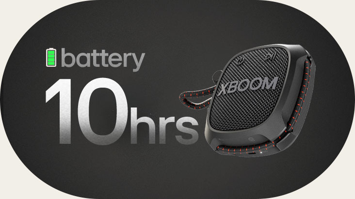 LG XBOOM Go XG2 befindet sich in einem unendlichen Raum und zeigt eine Akkulaufzeit von 10 Stunden.