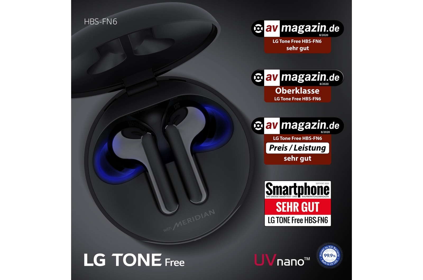 LG TONE Free FN6 | schwarz | Wireless Earbuds mit MERIDIAN-Sound, HBS-FN6