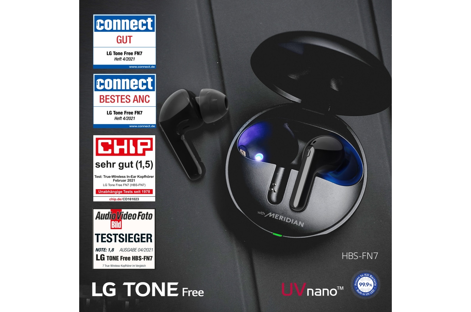 LG TONE Free FN7 | schwarz | Wireless Earbuds mit MERIDIAN-Sound und ANC, HBS-FN7 Black