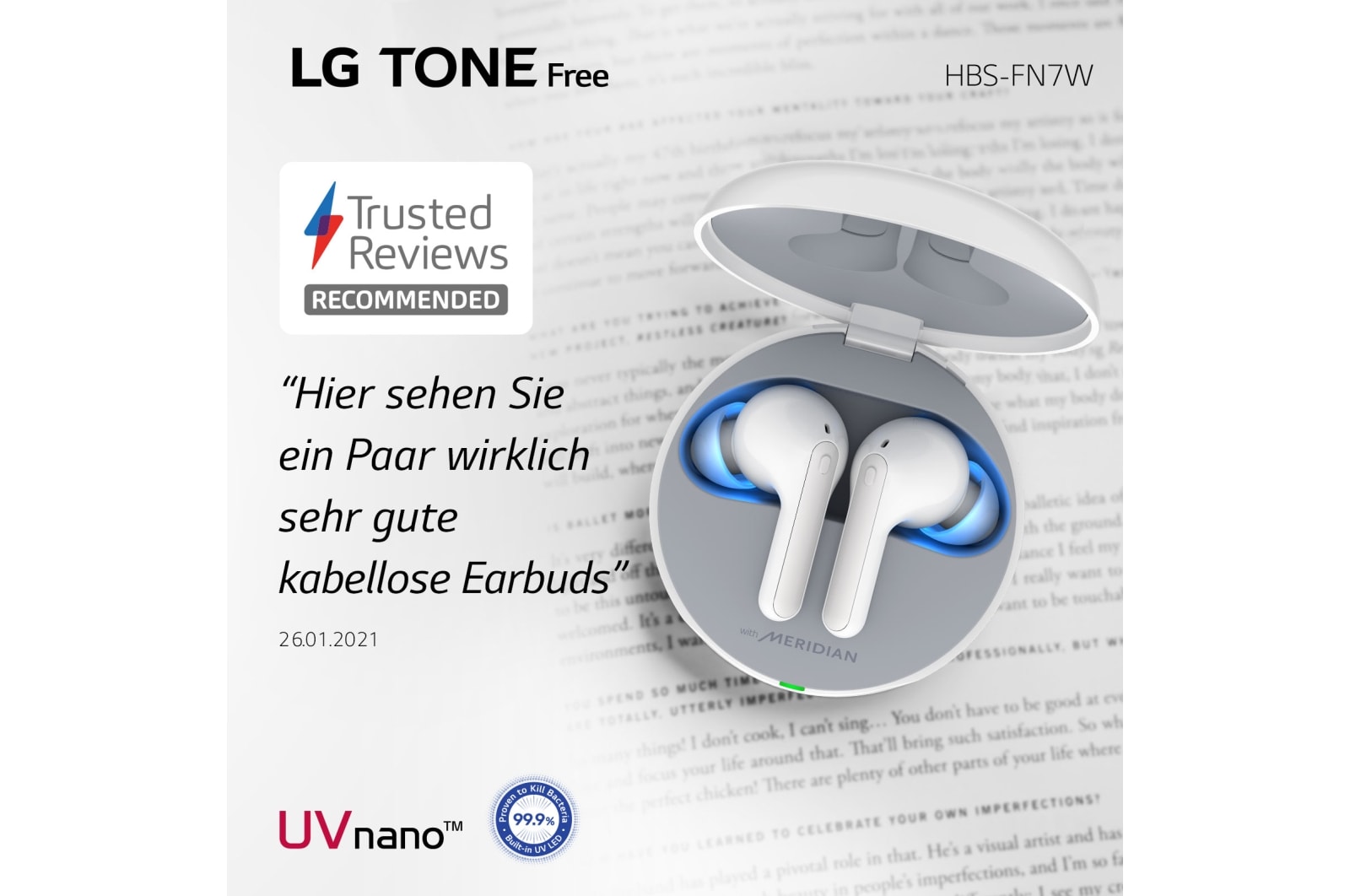 LG TONE Free FN7 | weiß | Wireless Earbuds mit MERIDIAN-Sound und ANC, HBS-FN7 White