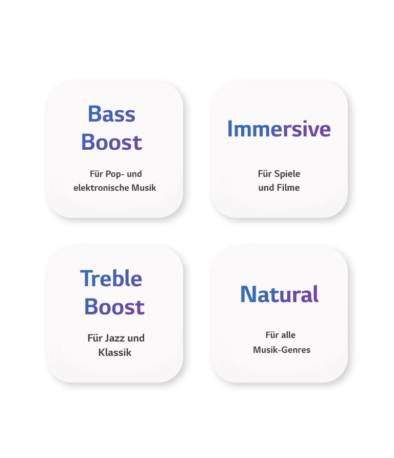 Vier EQ-Modi, Bass Boost, Immersive, Treble Boost und Natural, sind vor dem Hintergrund eines weißen Quadrats dargestellt.