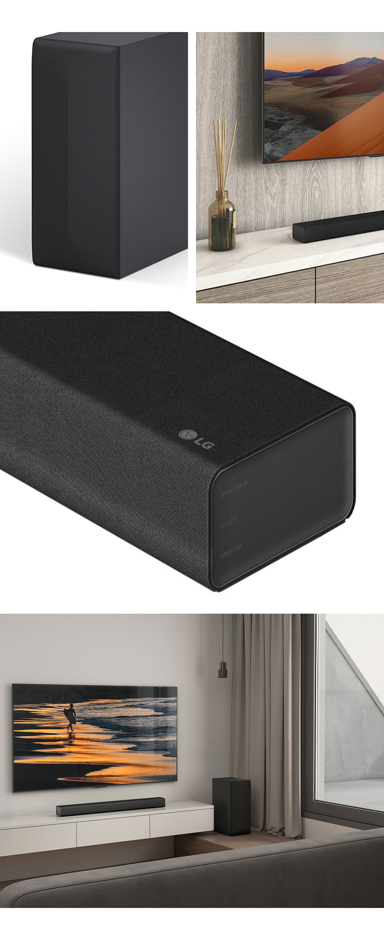 Von links: Bild des hinteren Lautsprechers, Nahaufnahme des LG TV mit einer Bergansicht auf dem Bildschirm; die LG Sound Bar befindet sich darunter. Rechts, im Uhrzeigersinn von oben nach unten: Nahaufnahme der LG Sound Bar. Ein LG TV, der einen Strand bei Sonnenuntergang zeigt, und die LG Sound Bar sowie der hintere Lautsprecher befinden sich in einem Wohnzimmer.