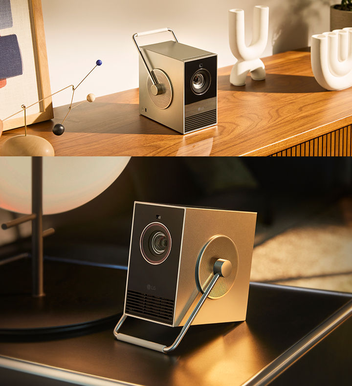 Verschiedene Nutzungsszenen des LG CineBeam HU710PB – auf den Tischen.