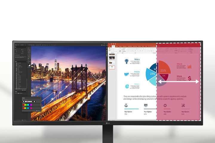 Auf einem 21:9 WQHD-Monitor mit curveder Oberfläche werden Photoshop und PowerPoint angezeigt. Auf dem großen Bildschirm können mehrere Programme gleichzeitig verwendet werden, was die Arbeitseffizienz erhöht.