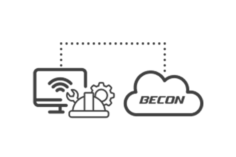 Ein Monitor mit einem WLAN-Symbol auf der linken Seite und Zahnradsymbolen auf der Vorderseite ist mit dem LG BECON cloud-Symbol auf der rechten Seite mit einer grauen gepunkteten Linie verbunden. 