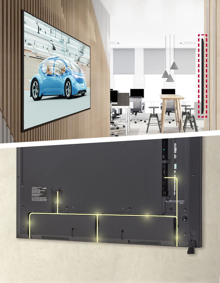 The UH5N-E with slim bezels is mounted close to the wall, showcasing a rear design that is optimized for space-saving with a simple cable management system.