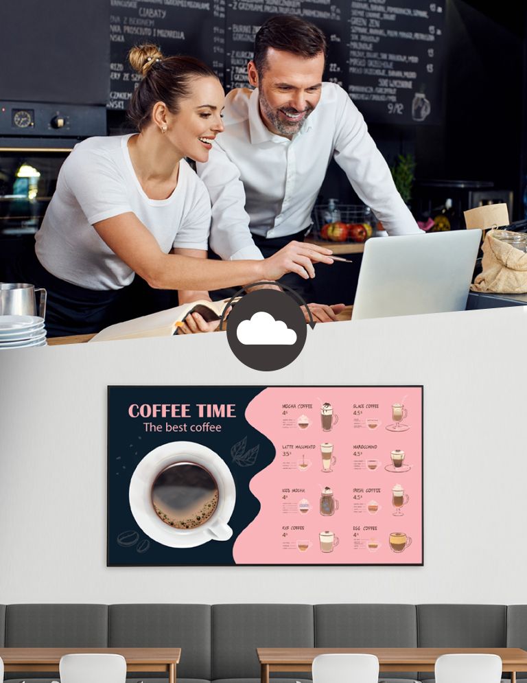 Die Betreiber der Cafés erstellen mit Hilfe einer Content-Management-Software Speisekarten, die auf dem Display an der Wand des Cafés angezeigt werden.