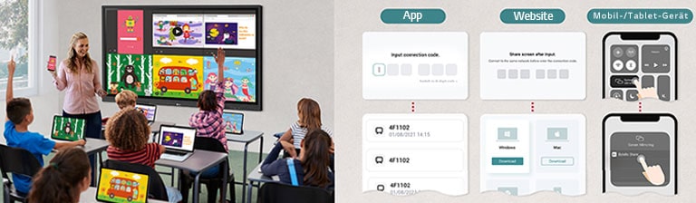 Das LG CreateBoard kann Bildschirme ganz einfach mit mehreren Geräten in Echtzeit über eine App und eine Website teilen.