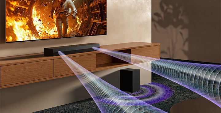 Es wird ein Fernseher mit wissenschaftlichen Inhalten gezeigt, direkt darunter befindet sich die Soundbar S30A. Auf dem Boden steht außerdem der Subwoofer der Soundbar. Weiße, halbtransparente Schallwellen strömen aus der Soundbar und dem Subwoofer.