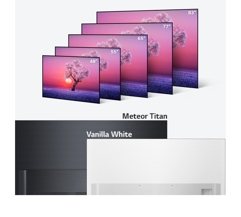 LG OLED TV Produktpalette in verschiedenen Größen von 48 Zoll bis 83 Zoll und den Farben light black und vanilla white