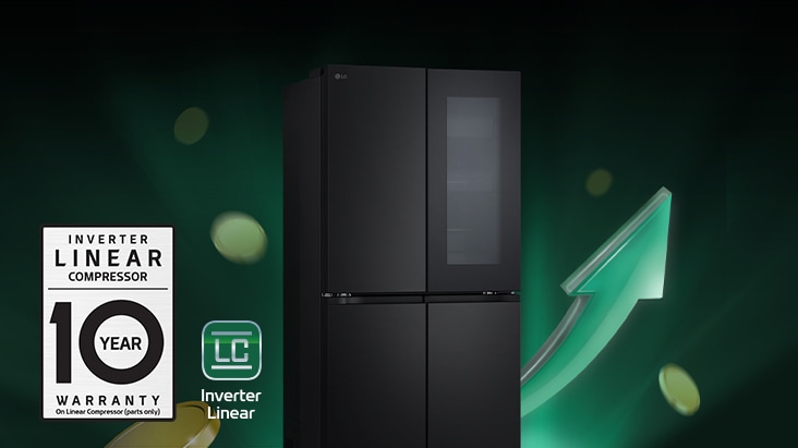 Refrigerator in front of rising arrows and piling coins