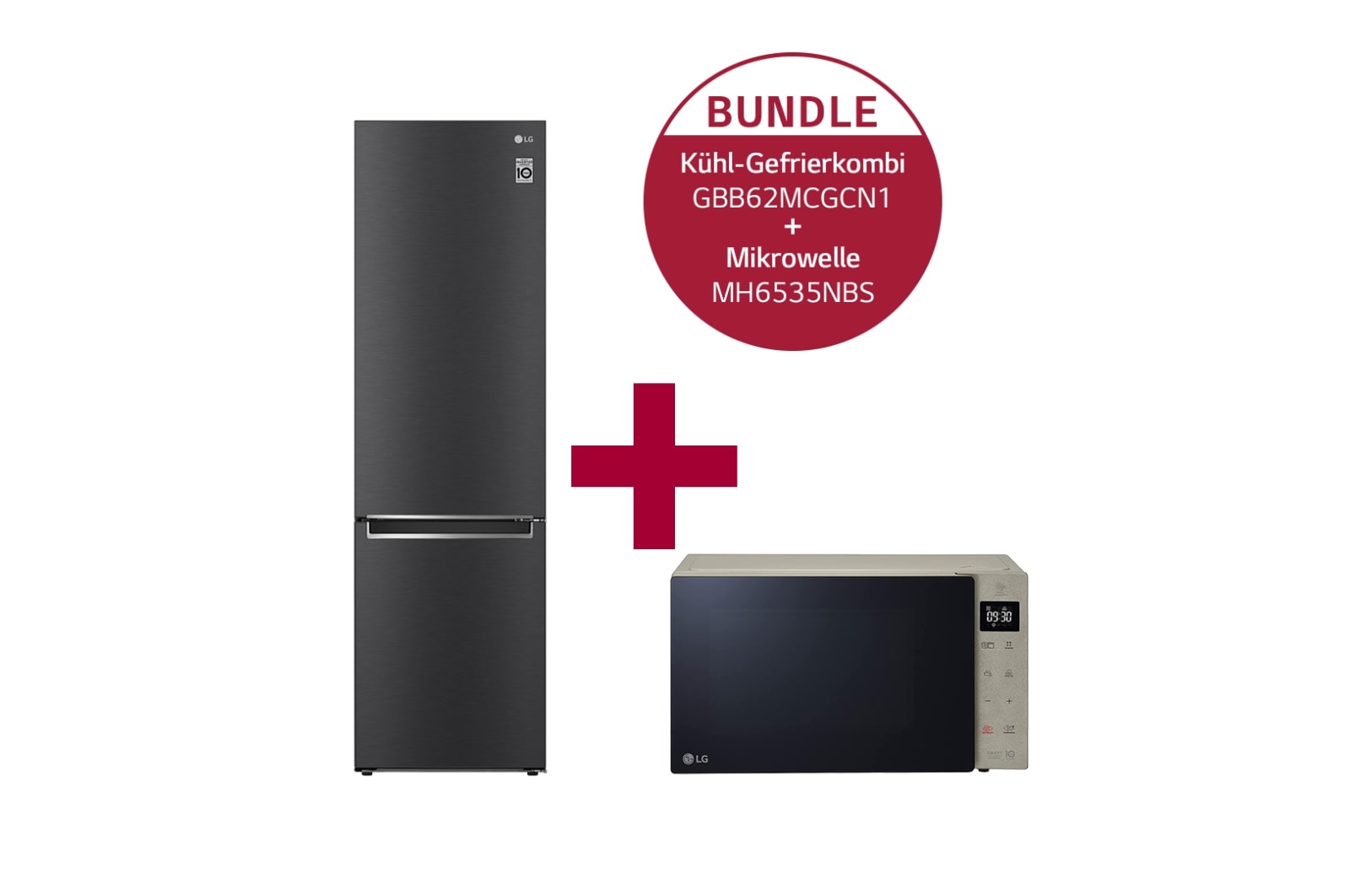 LG Kühl-Gefrierkombination | 384 Liter Nutzinhalt | Energieeffizienzklasse C  | Matte Black | 203 cm hoch | Smart Inverter Compressor® | GBB62MCGCN1 &  Mikrowelle mit Smart Inverter Technologie | Quarzgrill-Technologie | 25 Liter Kapazität  | Tür aus echtem Glas, GBB62MCGC.MH65NBS