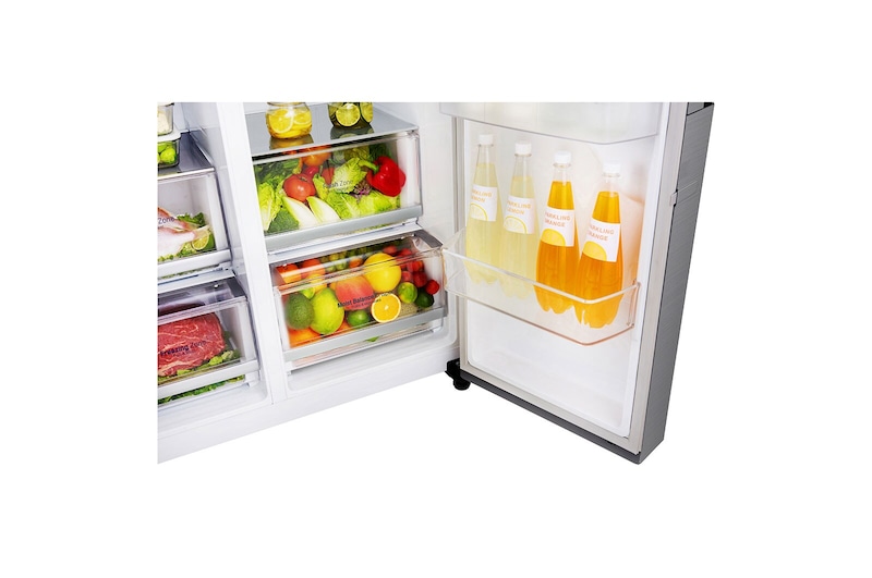 LG Side-by-Side mit Door-in-Door ® | Eis-, Crushed Ice- und Wasserspender | 625 Liter Kapazität | Energieeffizienzklasse E | Festwasseranschluss | Steel | GSJ760PZZE, GSJ760PZZE