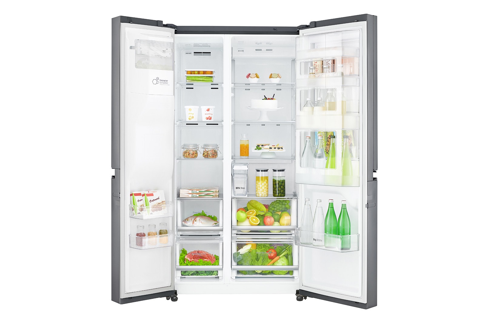 LG Side-by-Side mit Door-in-Door ® | Eis-, Crushed Ice- und Wasserspender | 625 Liter Kapazität | Energieeffizienzklasse F | Interner Wassertank 4L | Steel | GSJ761PZBG, GSJ761PZBG