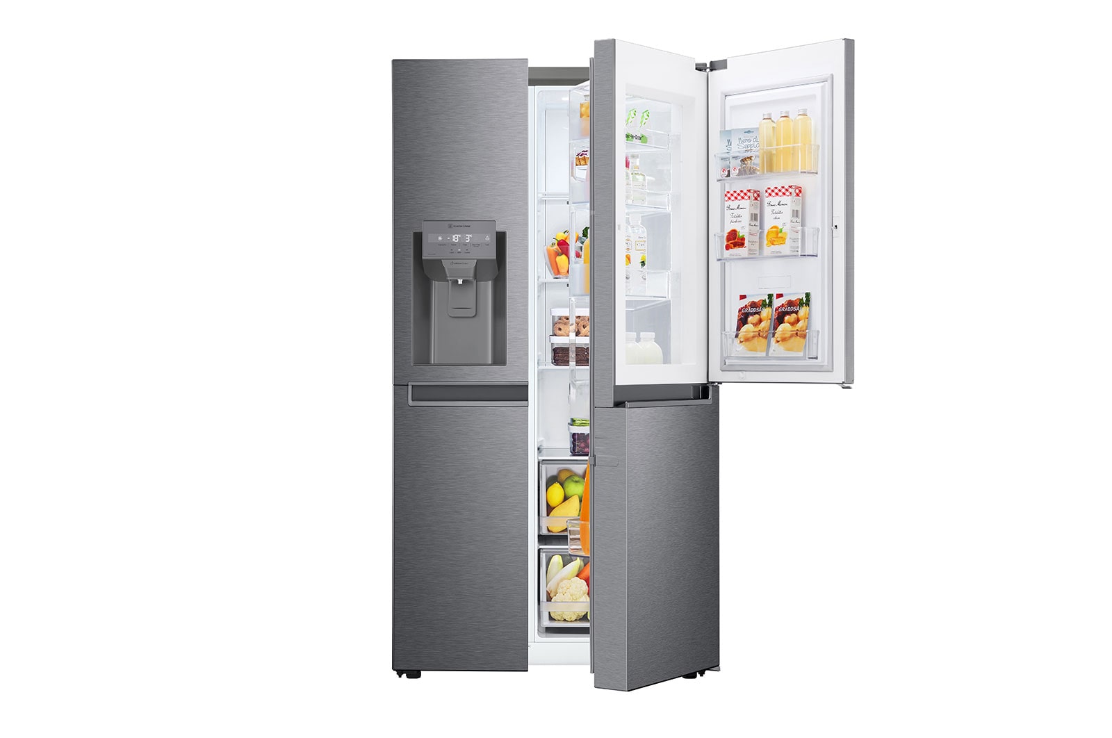 LG Side-by-Side mit Door-in-Door ® | Eis-, Crushed Ice- und Wasserspender | 634 Liter Kapazität | Energieeffizienzklasse F | Festwasseranschluss | Platinum Silver |  GSJV30DSXF , GSJV30DSXF