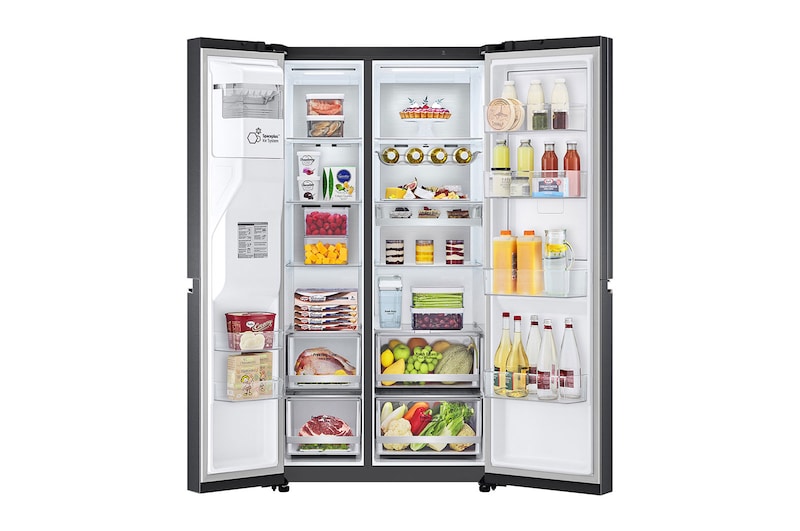 LG Side-by-Side mit Door-in-Door® | Eis-, Crushed Ice- und Wasserspender | 635 Liter Kapazität | Energieeffizienzklasse E | Interner Wassertank 4L | Matte Black Steel | GSJV91MCAE, GSJV91MCAE