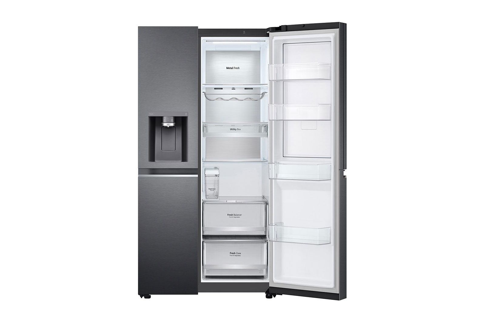 LG Side-by-Side mit Door-in-Door® | Eis-, Crushed Ice- und Wasserspender | 635 Liter Kapazität | Energieeffizienzklasse E | Interner Wassertank 4L | Matte Black Steel | GSJV91MCAE, GSJV91MCAE