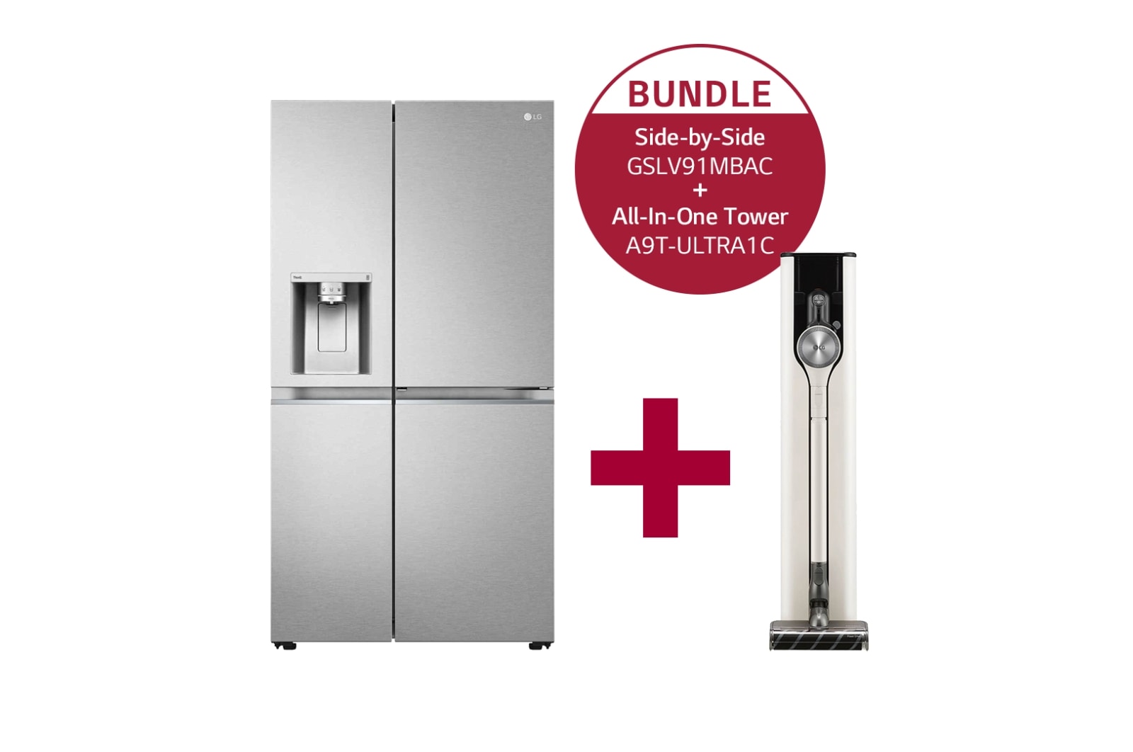 LG Side-by-Side mit Eis-, Crushed Ice- und Wasserspender | 634 Liter Kapazität  | Energieeffizienzklasse C | Interner Wassertank 4L | Metal Sorbet | GSLV91MBAC &  All-In-One Tower mit zwei Akkus I Calming Beige I Automatische Absaugung von Staub im Staubbehälter I LG CordZero®, GSLV91MBAC.A9T1C