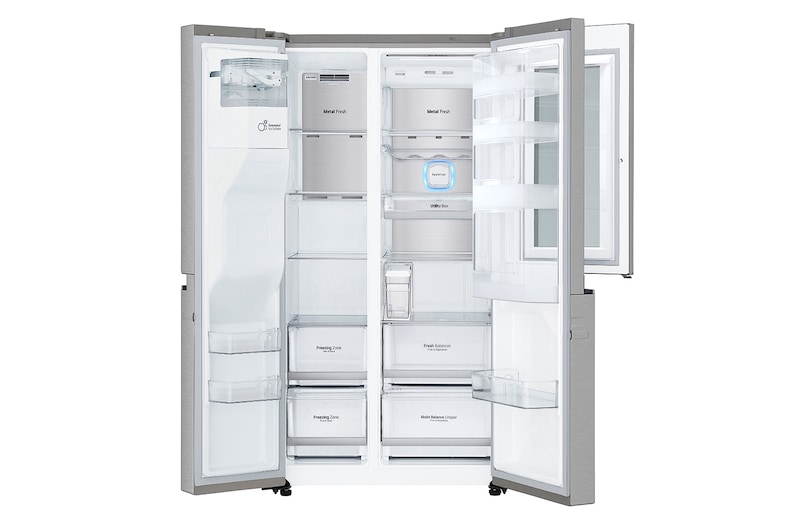 LG Side-by-Side mit InstaView Door-in-Door ® | Eis-, Crushed Ice- und Wasserspender | 625 Liter Kapazität | Energieeffizienzklasse E | Interner Wassertank 4L | Edelstahl-Look | GSX971NEAE, GSX971NEAE