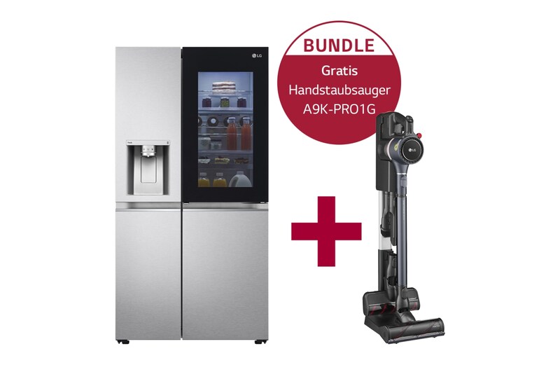 Vorderseite von Side-by-Side mit InstaView Door-in-Door ® GSXD91MBAE & Handstaubsauger mit zwei Akkus I Iron Grey I LG CordZero® A9K-PRO1G GSXD91MBAE.A9K1G