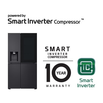 Produktabbildung mit Smart Inverter Compressor™-Logo und „10 Jahre Garantie“-Logo.