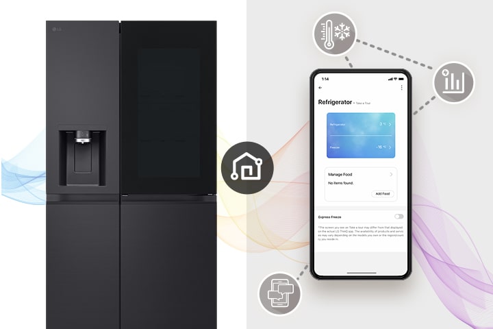 Es ist ein Kühlschrank und ein Mobiltelefon zu sehen.
