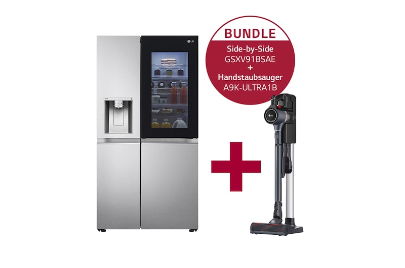 Vorderseite von Side-by-Side mit InstaView Door-in-Door ™ | Eis-, Crushed Ice- und Wasserspender | 635 Liter Kapazität | Interner Wassertank 4L | Brushed Steel | GSXV91BSAE & Handstaubsauger mit zwei Akkus I Full Black I Wischaufsatz I LG CordZero® A9K-ULTRA1B GSXV91BSAE.A9K1B
